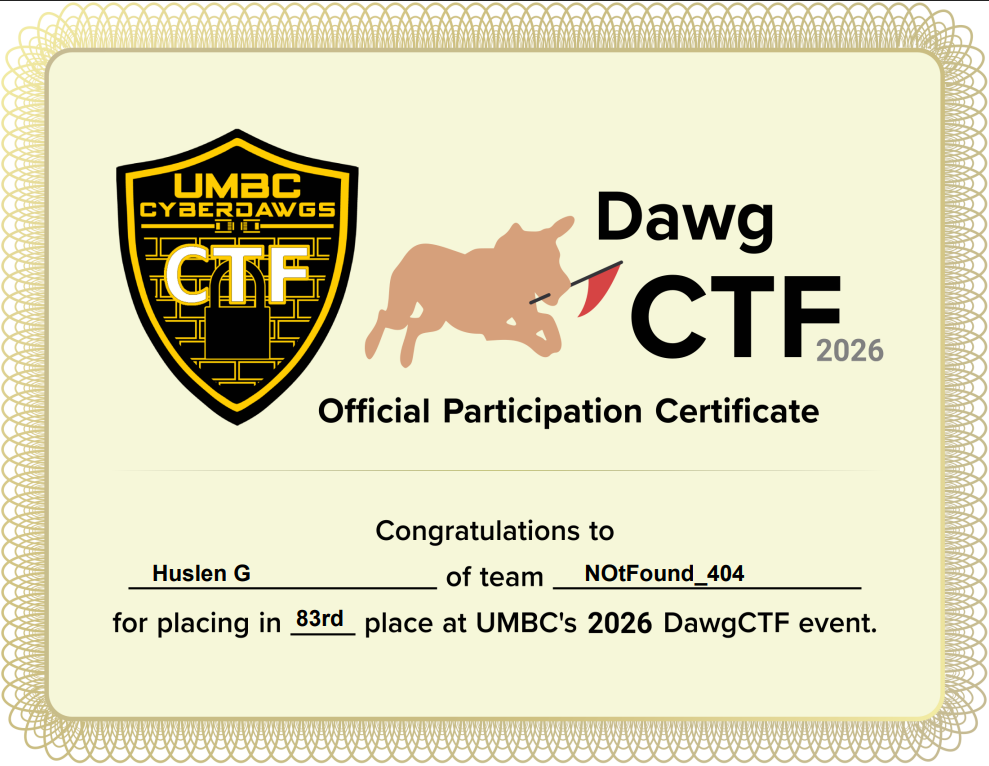 Dawg CTF 2026 certificate